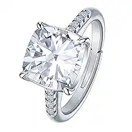 4 Carat Moissanite Engagement Ring for Women, Cushion/Round Cut 4CT Moissanite Wedding Ring, 14K Rose Gold/White Gold Plated Adjustable Bridal Promise Ring, Hypoallergenic Anniversary Ring with Gift Box