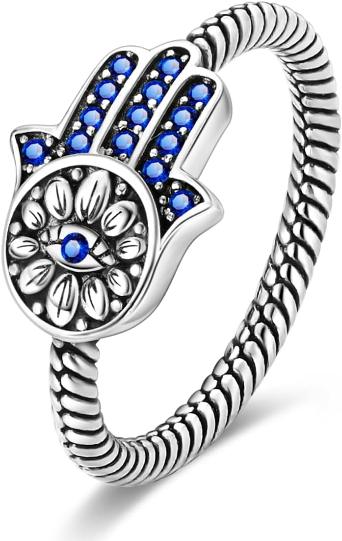 925 Sterling Silver Ring for Women, Hamsa Evil Eye Ring with CZ Stones Hand of Fatima Eternity Rings Unique Statement Band Size L1/2 - S
