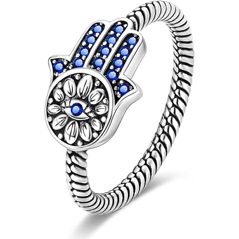 Hapour 925 Sterling Silver Ring for Women, Hamsa Evil Eye Ring with CZ Stones Hand of Fatima Eternity Rings Unique Statement Band Size 6-9