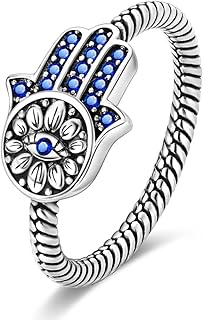 925 Sterling Silver Ring for Women, Hamsa Evil Eye Ring with CZ Stones Hand of Fatima Eternity Rings Unique Statement Band Size 6-9