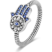 925 Sterling Silver Ring for Women, Hamsa Evil Eye Ring with CZ Stones Hand of Fatima Eternity Rings Unique Statement Band Size 6-9