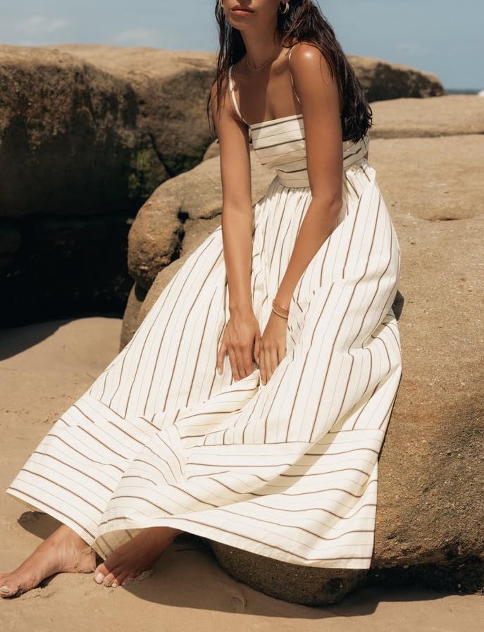 Image of KMBANGI Women Striped Sleeveless Maxi Dress Swing Patchwork Midi Dress Smocked Spaghetti Strap Colorful Long Sundress