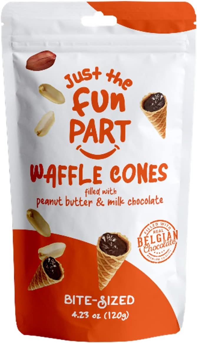 Just The Fun Part, Bite-Size Crispy Mini Waffle Cones, Filled with Premium Belgian Chocolate, Great for Snacks, Dessert, Grab & Go - Kosher, Peanut Butter and Milk Chocolate (Pack of 1)