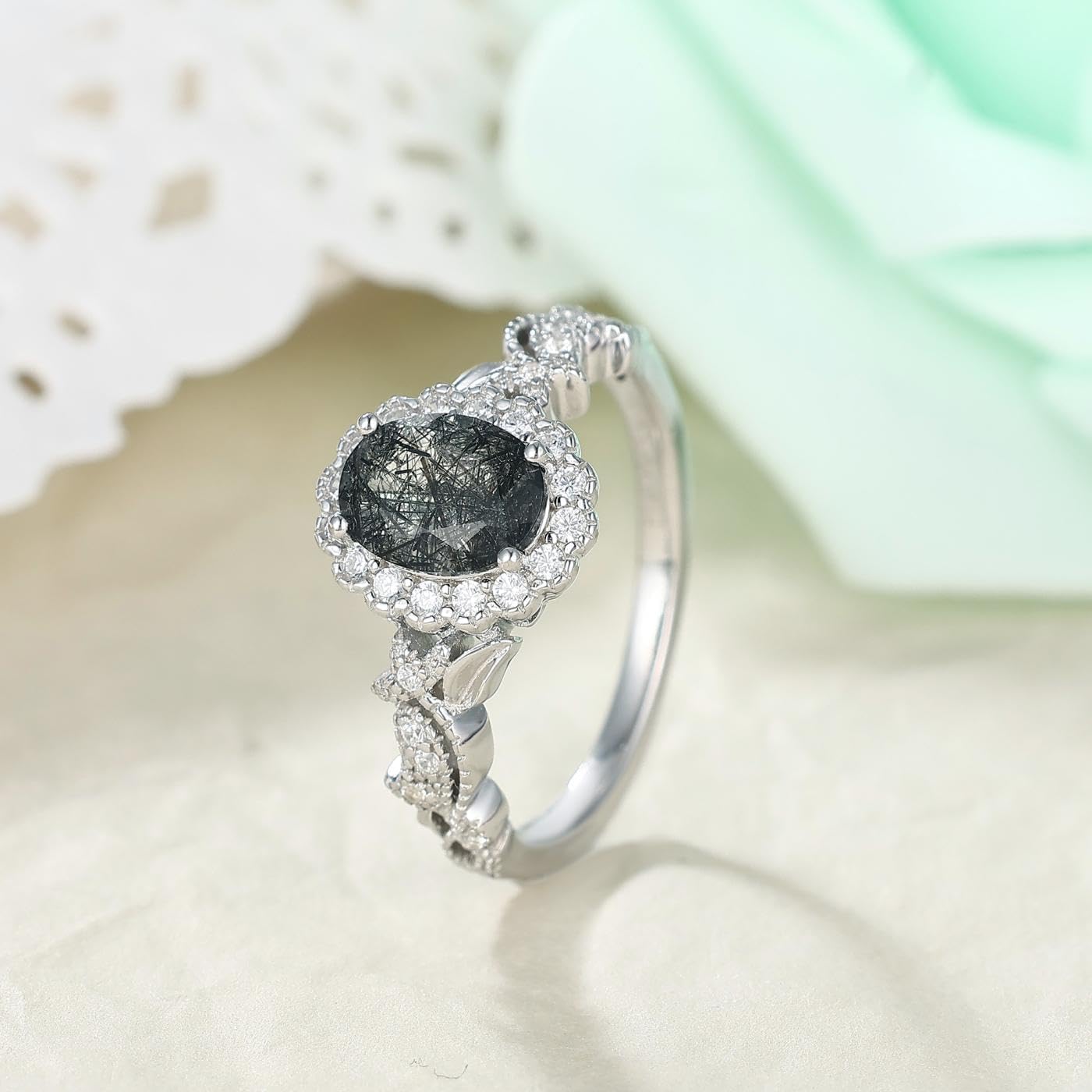 Natural Gemstone Engagement Ring for Women 925 Sterling Silver Platinum Plated Moss Agate/Black Rutilated Quartz Vintage Promise Wedding Ring for Her Size 4-9