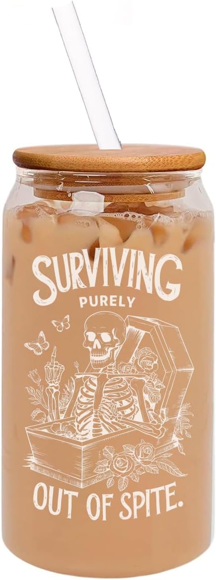MIP 16oz Can Shaped Glass Iced Coffee Cup with Bamboo Lid and Straw Gift Surviving Purely Out Of Spite Skeleton Funny