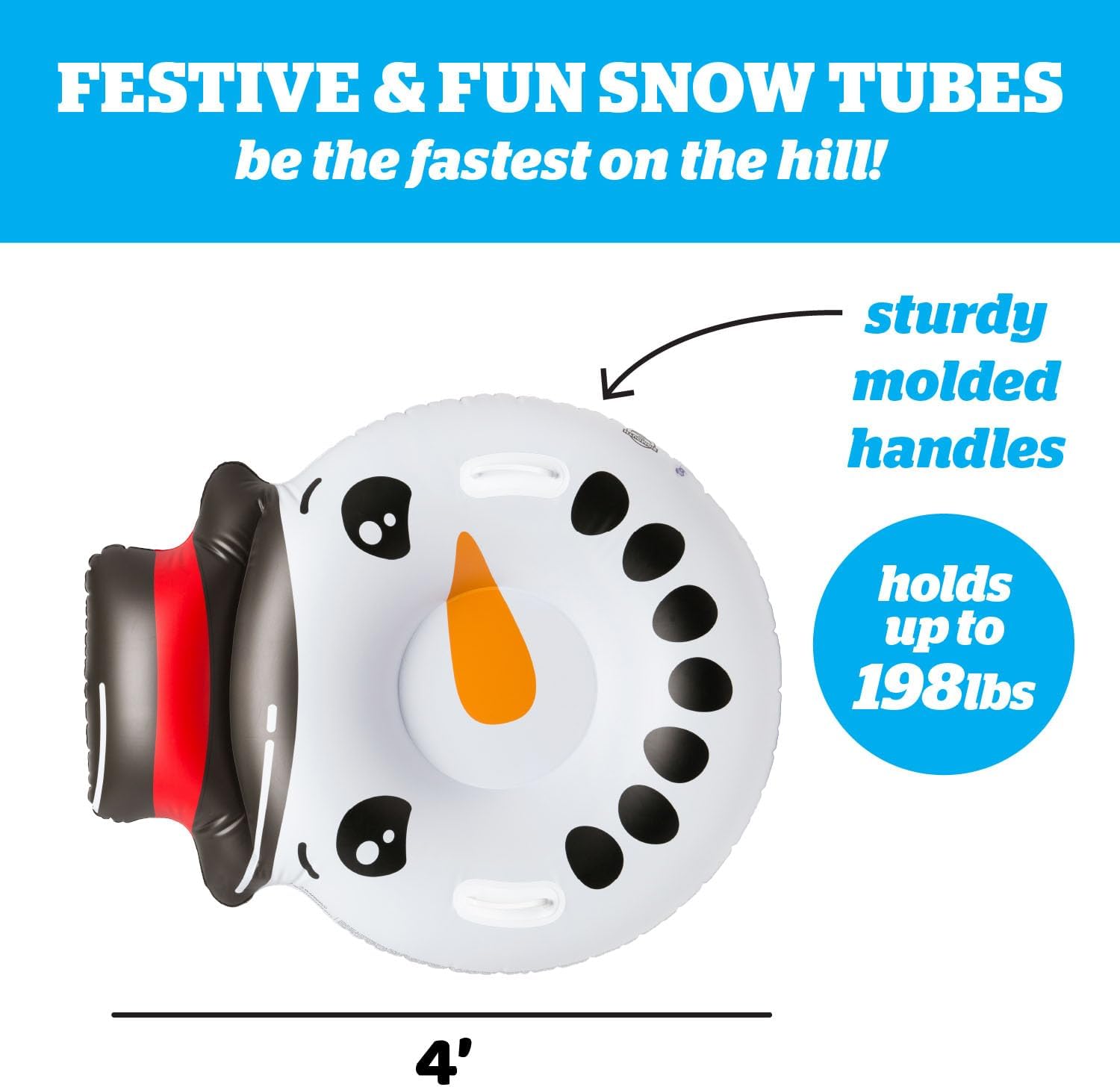 Large 48" Inflatable Snow Tube for Kids and Adults, Durable Winter Toy for Tubing & Sledding - Snowman Face