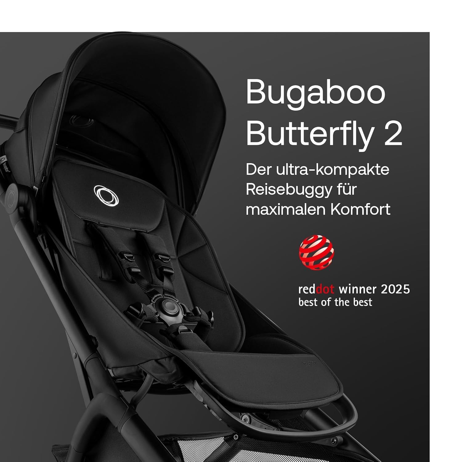Bugaboo Butterfly 2 Reisebuggy Set – leichter, faltbarer Kinderwagen mit Sicherheitsbügel & Regenabdeckung – Handgepäckgröße, mit Liegefunktion – ab 6 Monaten bis 4 Jahre – Heritage Black
