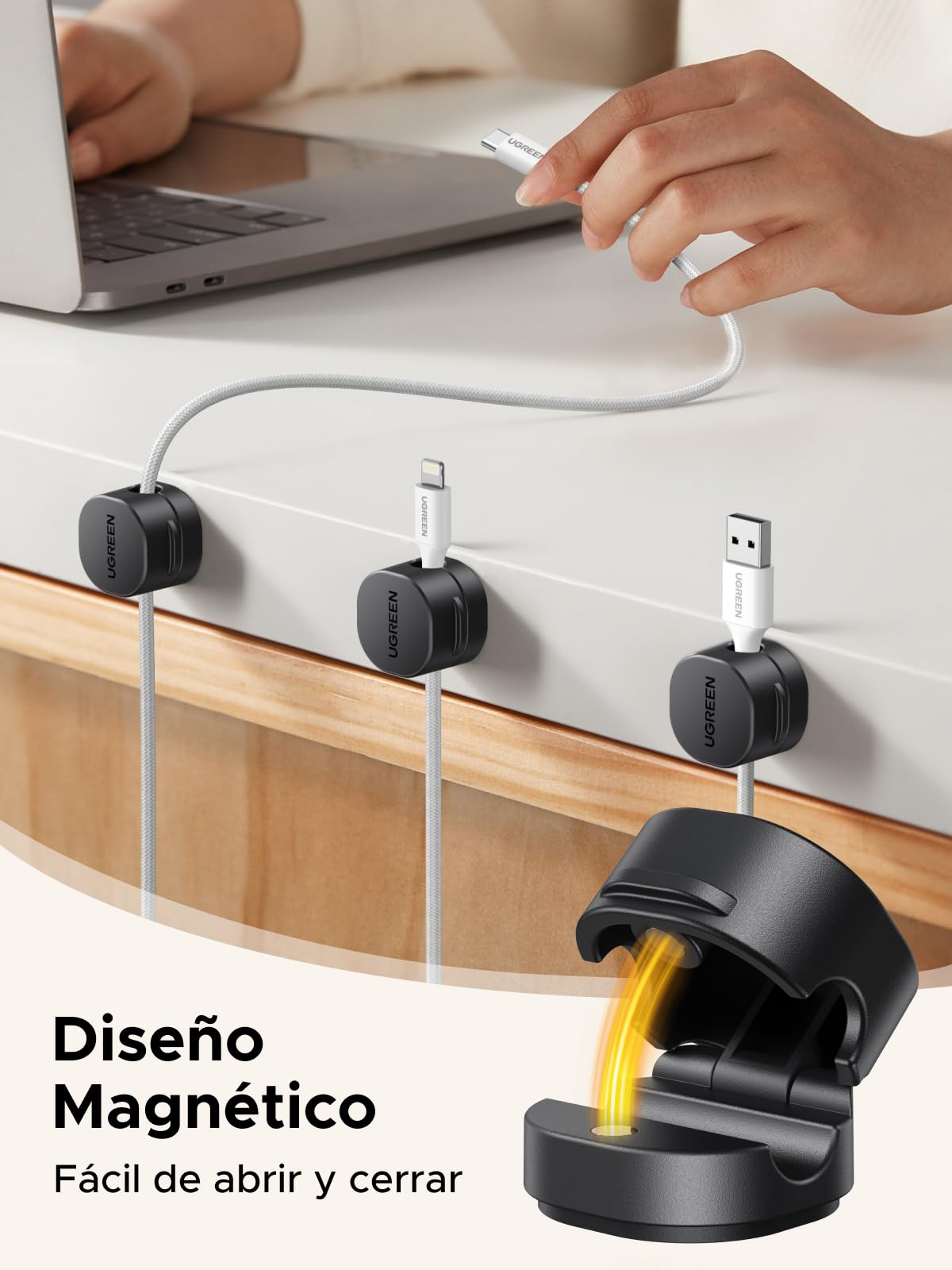 UGREEN [6 Piezas] Clip de Cable de Resorte con [Rotación de 91°] Magnético Organizador Cable Autoadhesivo Sin Residuos para HDMI, USB, PC, TV, Hogar, Oficina, (7.5mm) - Negro