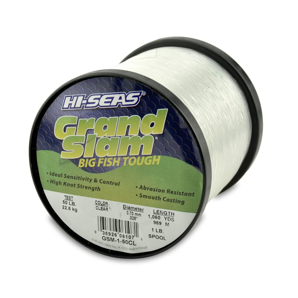 HI-SEAS Grand Slam Monofilament Fishing Line - Strong & Abrasion Resistant in Clear, Pink, Green, Smoke Blue, Fluorescent Yellow Freshwater & Saltwater - 1 lb Spool