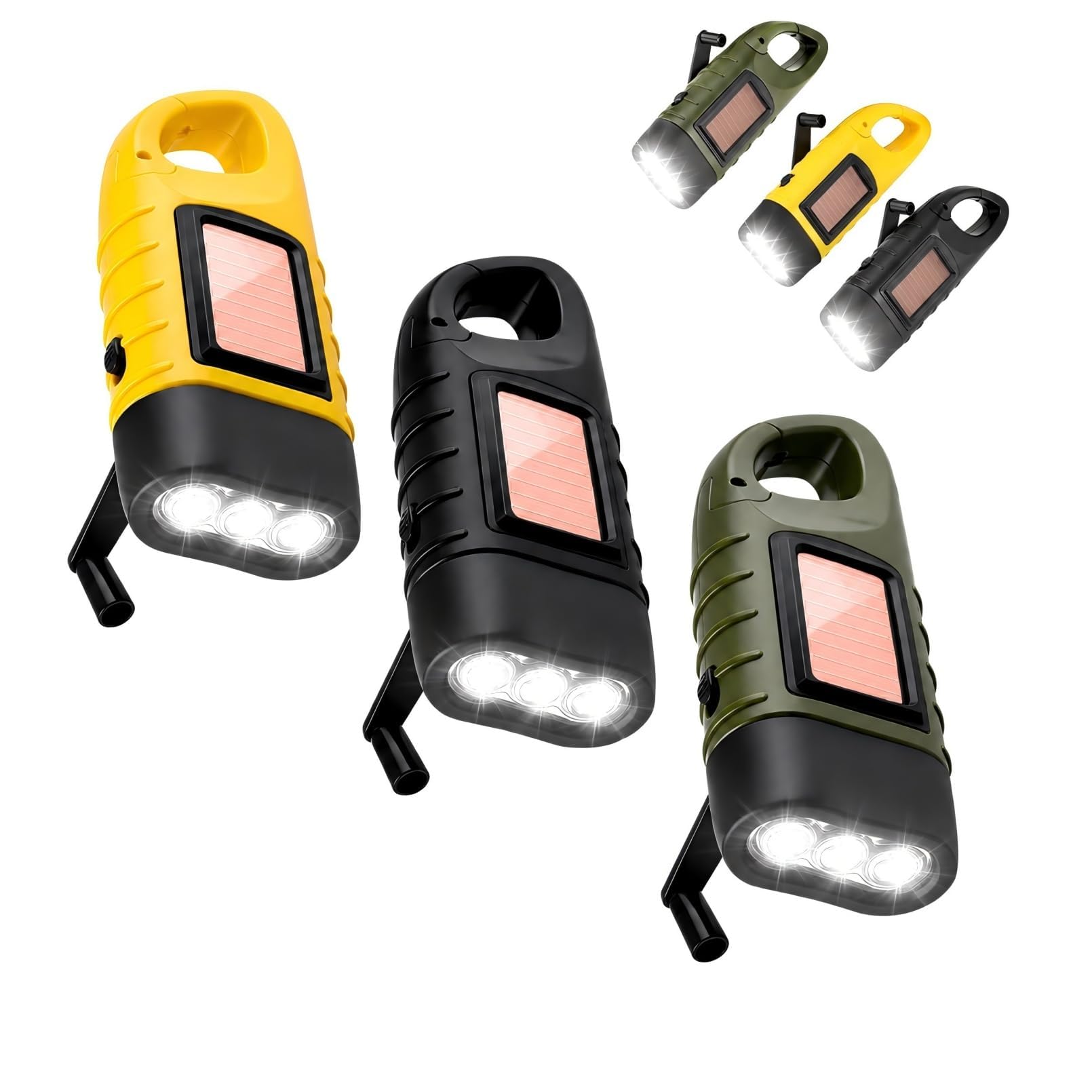 3 Pack Hand Crank Torchs, Solar Windup Torch Emergency Light for Power Cuts, Home, Car, Survival, Camping and Travel, Portable Wind Up Torch, Super Bright Rechargeable Torchs with Carabiner