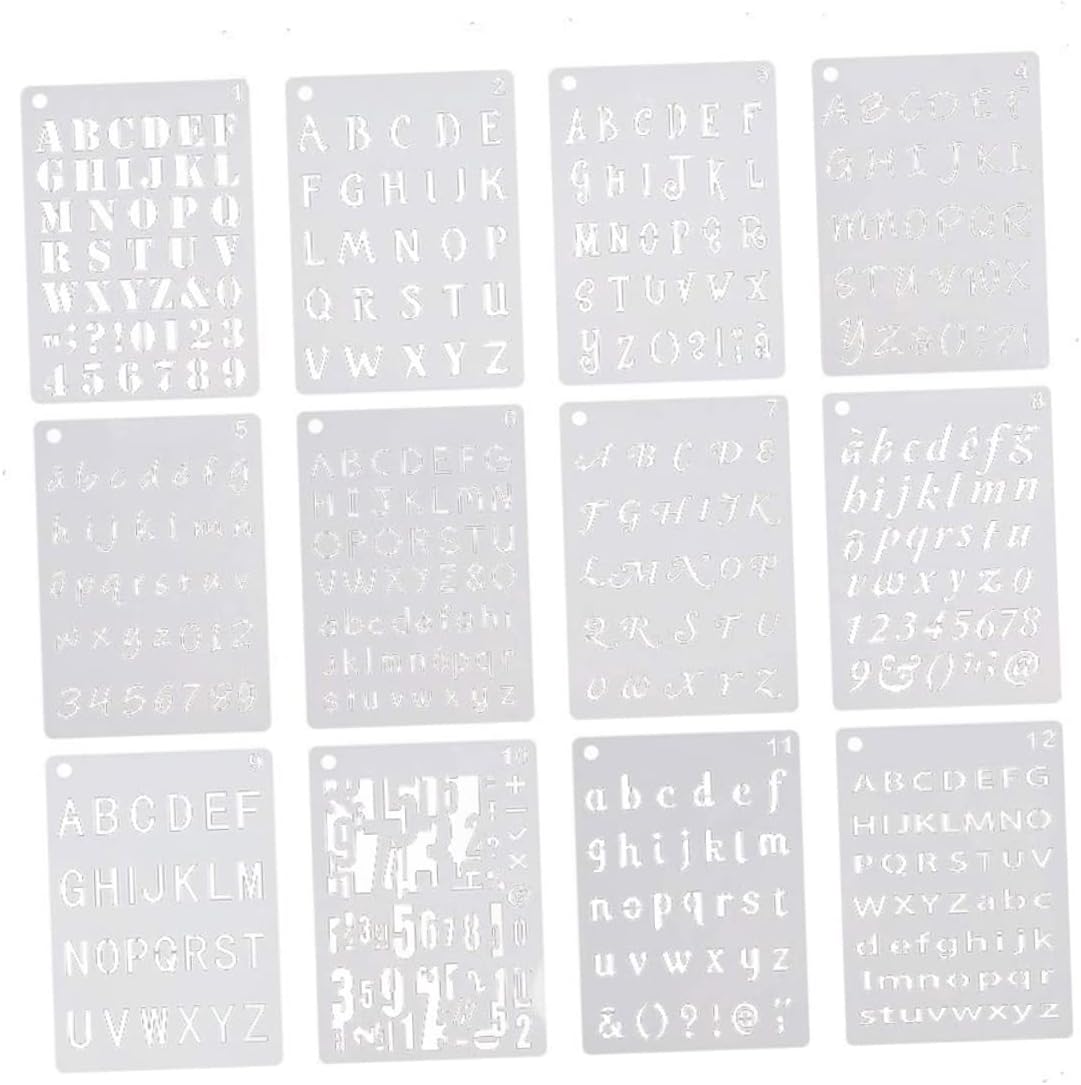 SEWACC 12Sheets Drawing Stencils DIY Alphabet Number Templates for Art Crafts Reusable Durable Learning Tools for Creative Projects