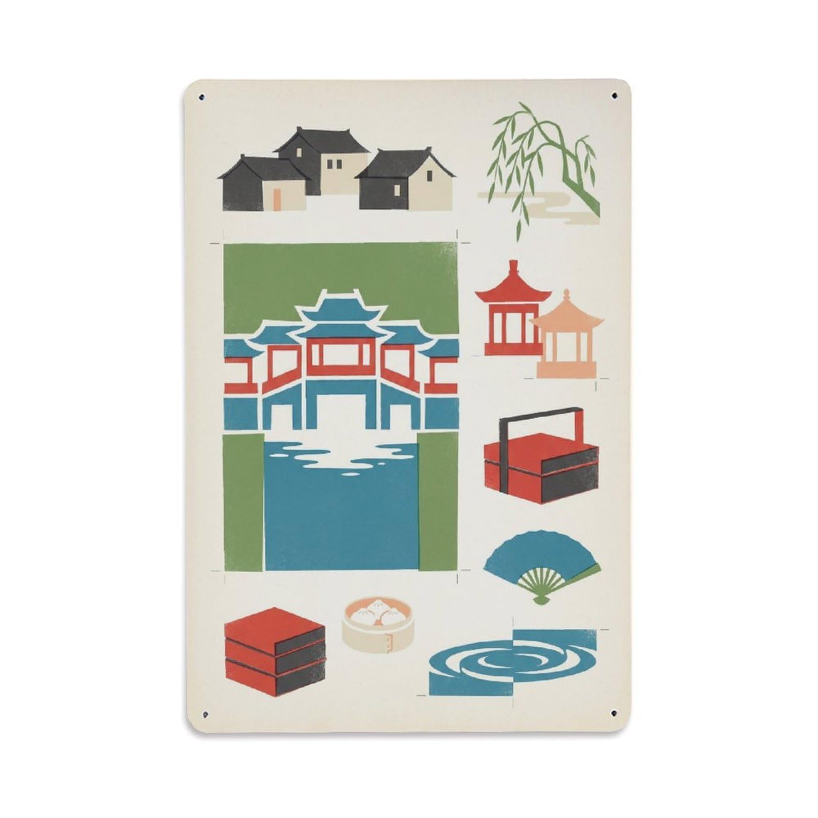Okngb Style Illustration Chinese Yangzhou Cityscape Urban Collage Metal Tin Sign Plaque Wall Decor For Cafe, Man Cave, Club Bar, Office, Home Garden Round Metal Poster 8X12inch