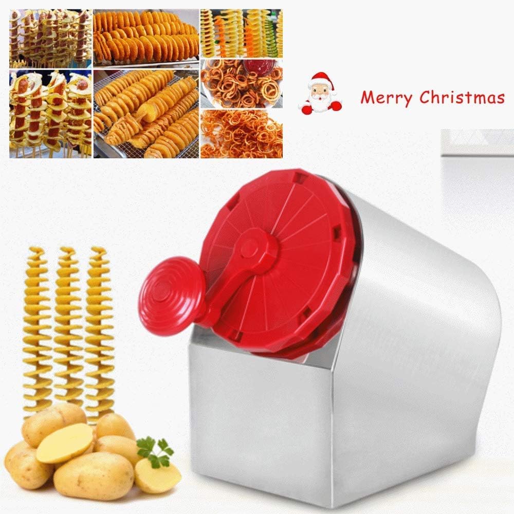 3 in1 Potato Tower Machine Manual Tornado Potato Chips Slicer Machine Spiral Twister for Sweet Potatoes Carrots Radishes Cucumbers (Stainless Steel Shell Red ABS Plastic Cylinder)