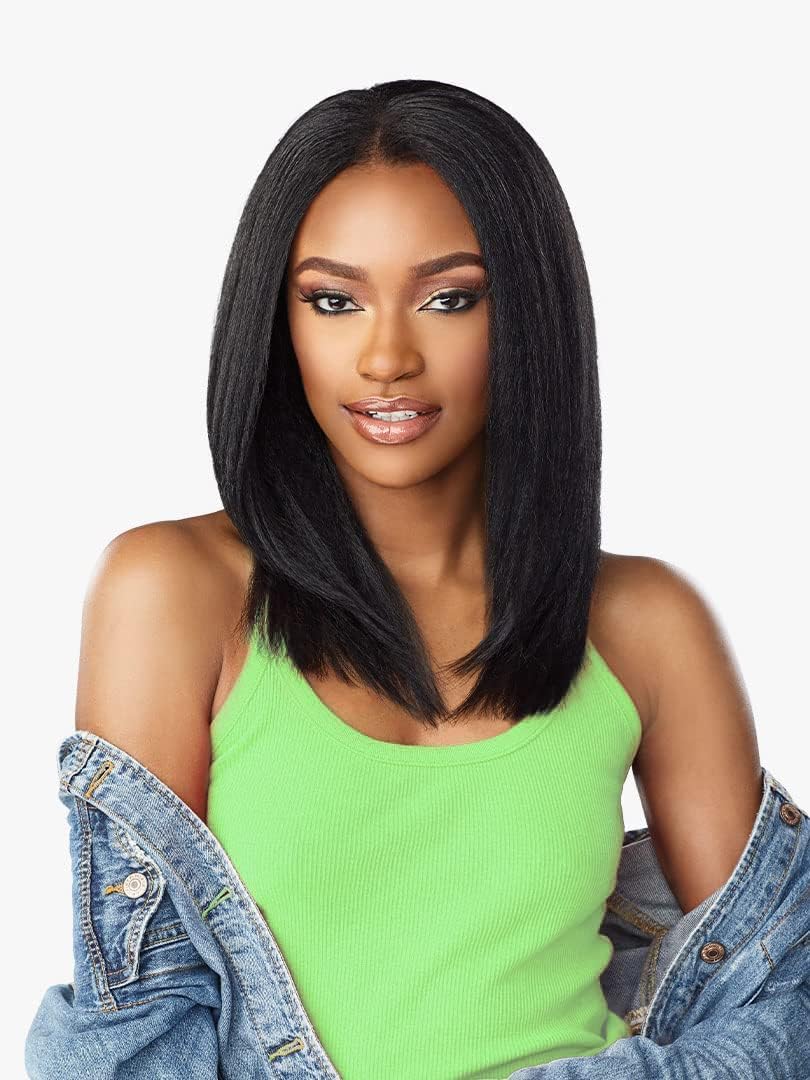 Emistar Black V Part Wig Kinky Straight Wig Upgrade U Part Synthetic Wigs for Black Women Full Head Clip In Hair Glueless Blend Human Hair Replacement