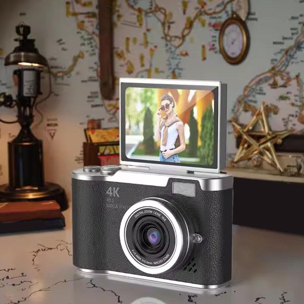 Fotocamera digitale 4K per foto, fotocamera retrò portatile con schermo ribaltabile, fotocamera compatta retrò per esterni (nero 1 set)