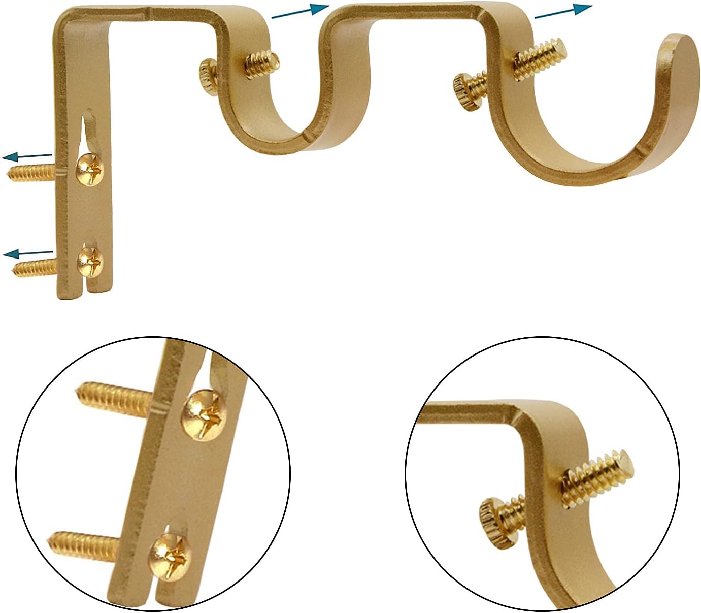 3 Pcs Double Curtain Rod Bracket for Curtain Rods, Heavy Duty Gold Curtain Rod Holders Hanging Brackets with Screws for 1" & 5/8"