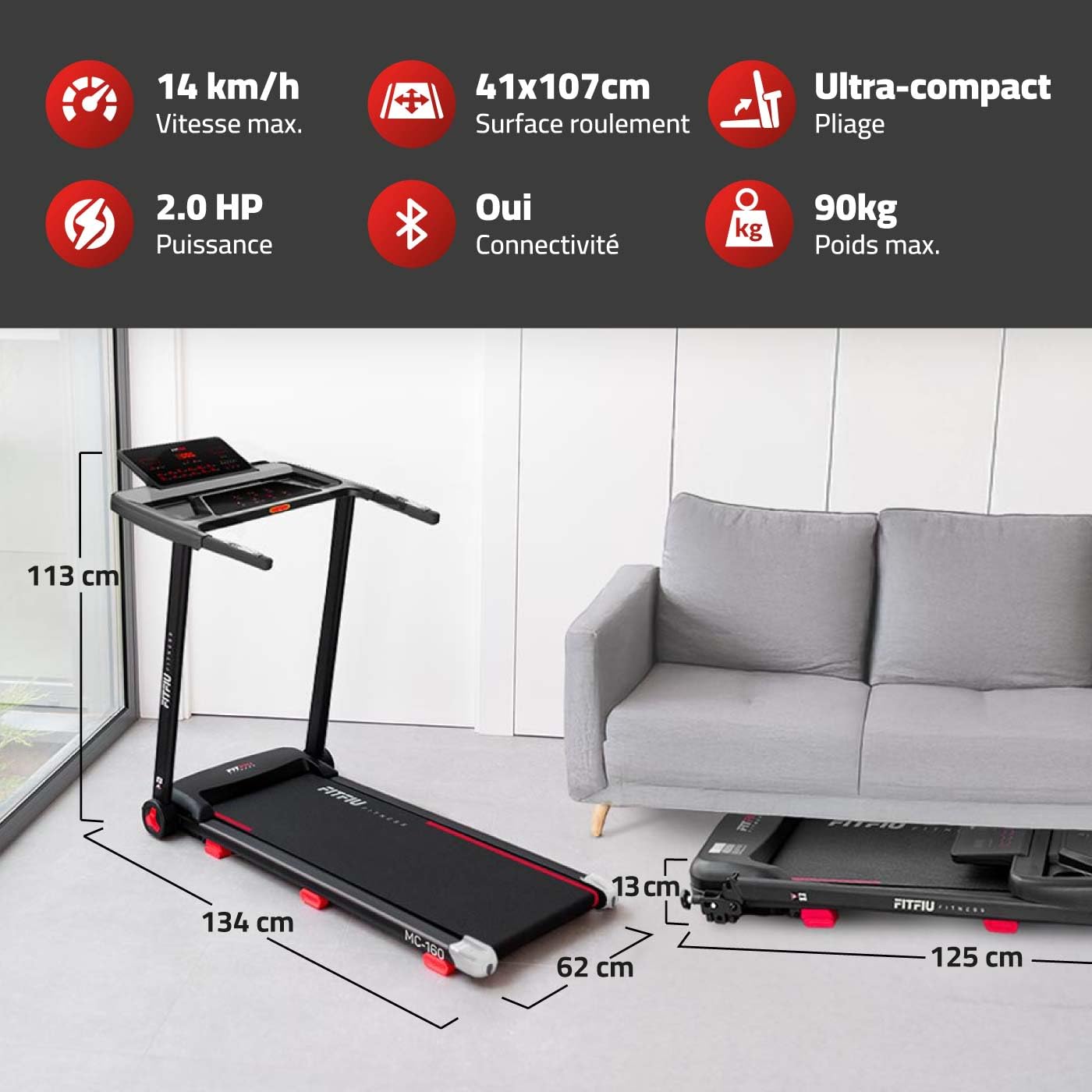 Tapis de Course Pliable avec Inclinaison 9% FITFIU Fitness 4 en 1 Vitesse Réglable 14 km/h avec Affichage LCD Connectivité APP et Fréquence Cardiaque 360º Tablet Holder Walking Pad Compact MC-160