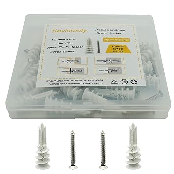 White Self Drilling Drywall Plastic Anchors with Silver Philips Flat Head Screws Kit 60PCS, Self Tapping Sheetrock Anchors Hanging and Mounting 75lbs