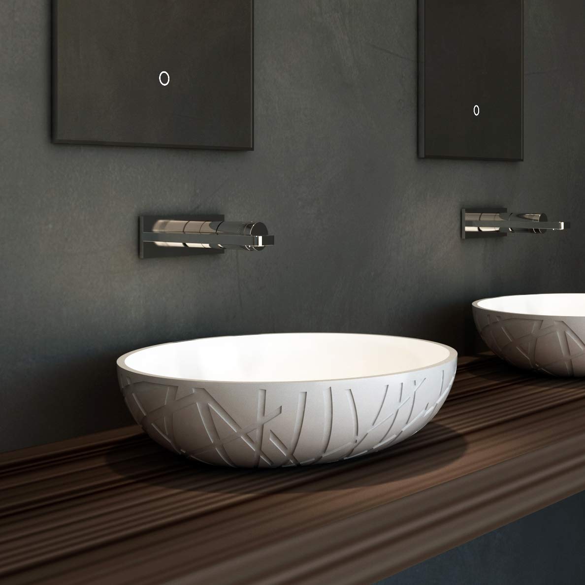 Lavabo di appoggio LEO in colata minerale (Solid Stone) - 50 x 40 x 12 cm - Bianco opaco, Con piletta Pop-up