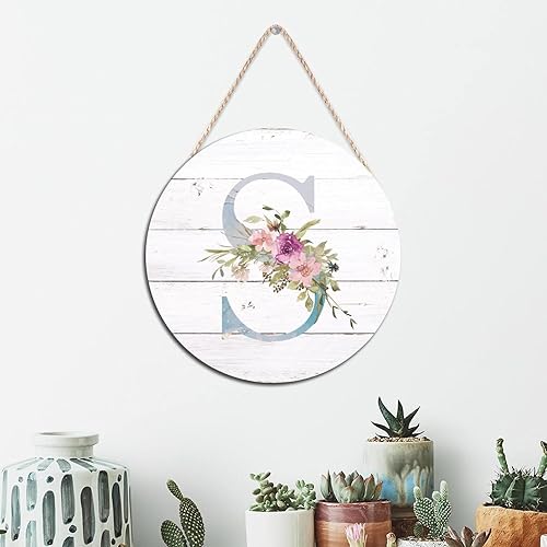 Vista 106 de Welcome Sign Front Decor Initial Letter B Round Wood Sign Monogram Purple Floral Wooden Plaque Blossom Floral 10in Country Wood Hanging Signs for