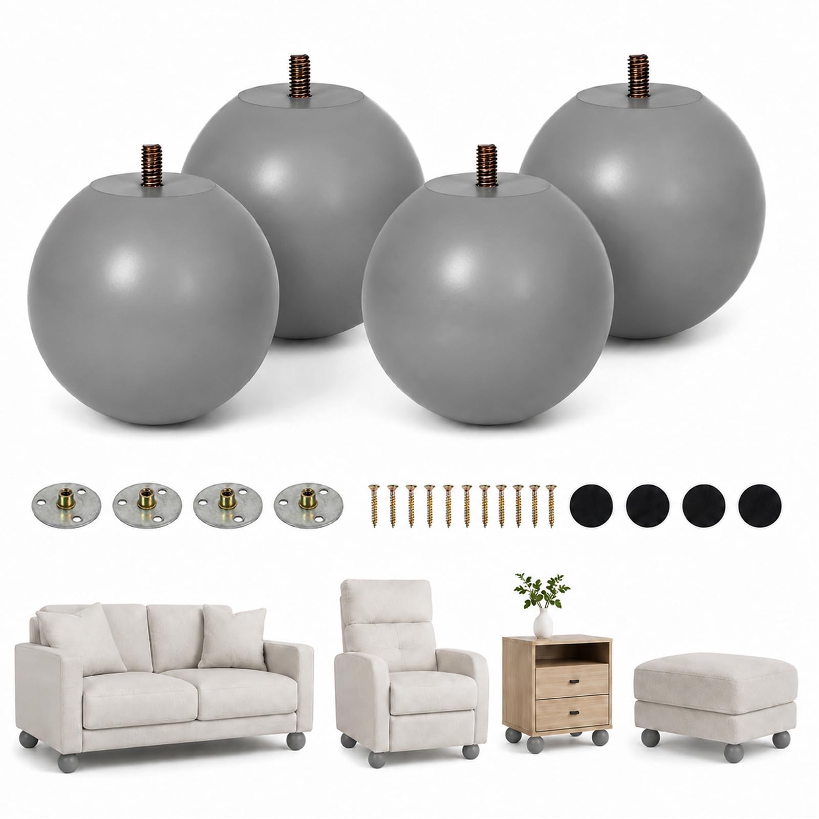 Wooden Furniture Legs Set of 4, 11x10 cm Round Grey Sofa Huge Bun Feet