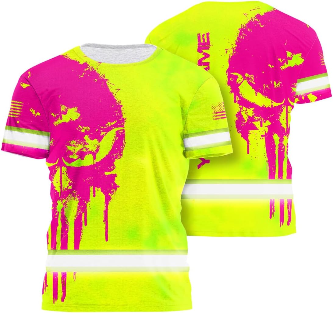 BRIGHTGUARD Reflective Hi Vis Shirt Skull Custom Name Safety Workwear for Workers, Operator, Cyclists, Skull Lovers