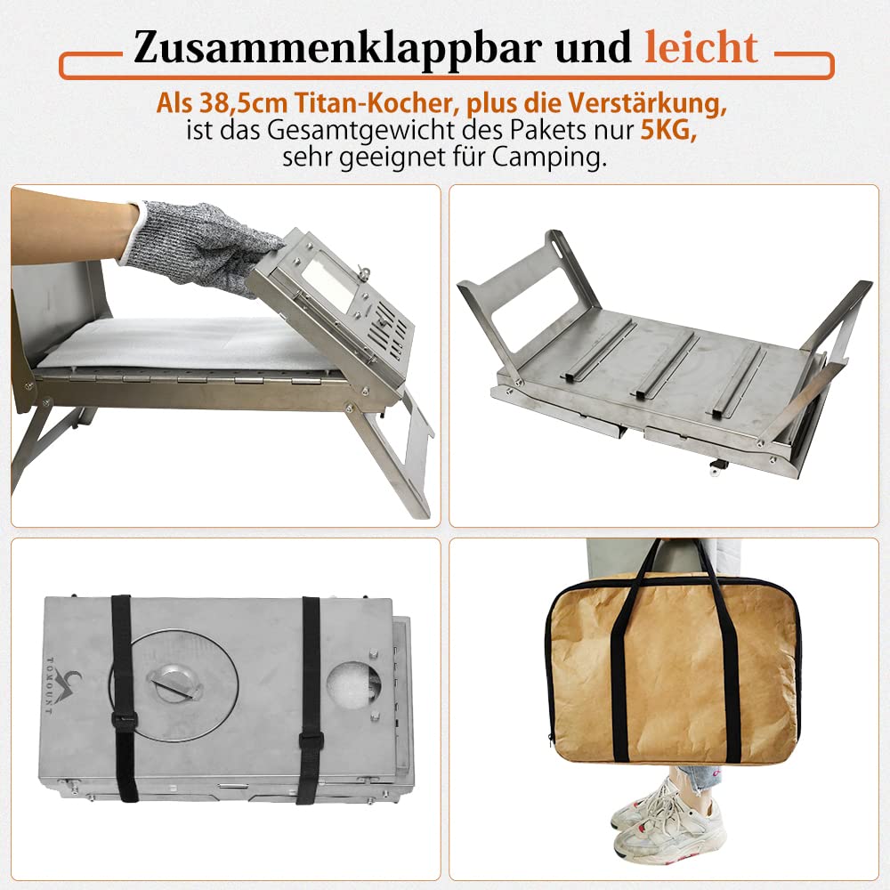 TOMOUNT Zeltofen Titanium Ofen Titan Kompakt 38,5cm Holzofen Tragbar Campingherde mit 3M Schornsteinrohr Holzkocher für Zelte, Unterkünfte und Camping