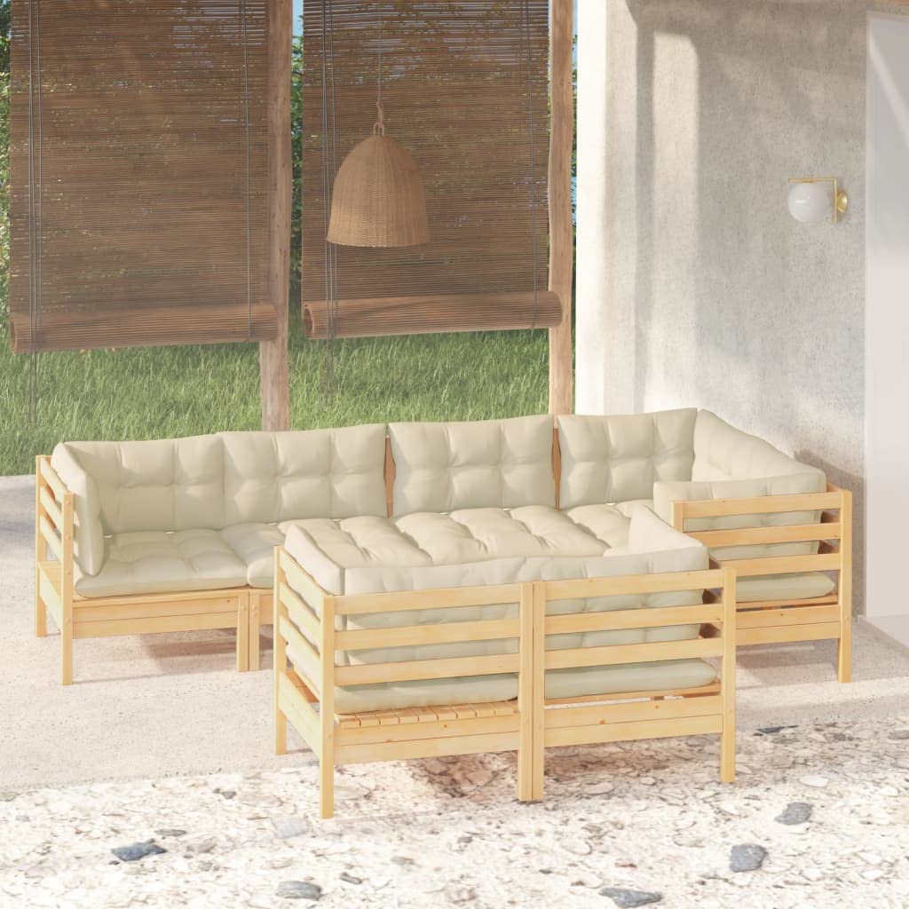 Juego de salón de jardín de 7 piezas, de madera de pino maciza, conjunto de asientos modulares para terraza y jardín, muebles de terraza, incluye cojines de crema, modular ampliable