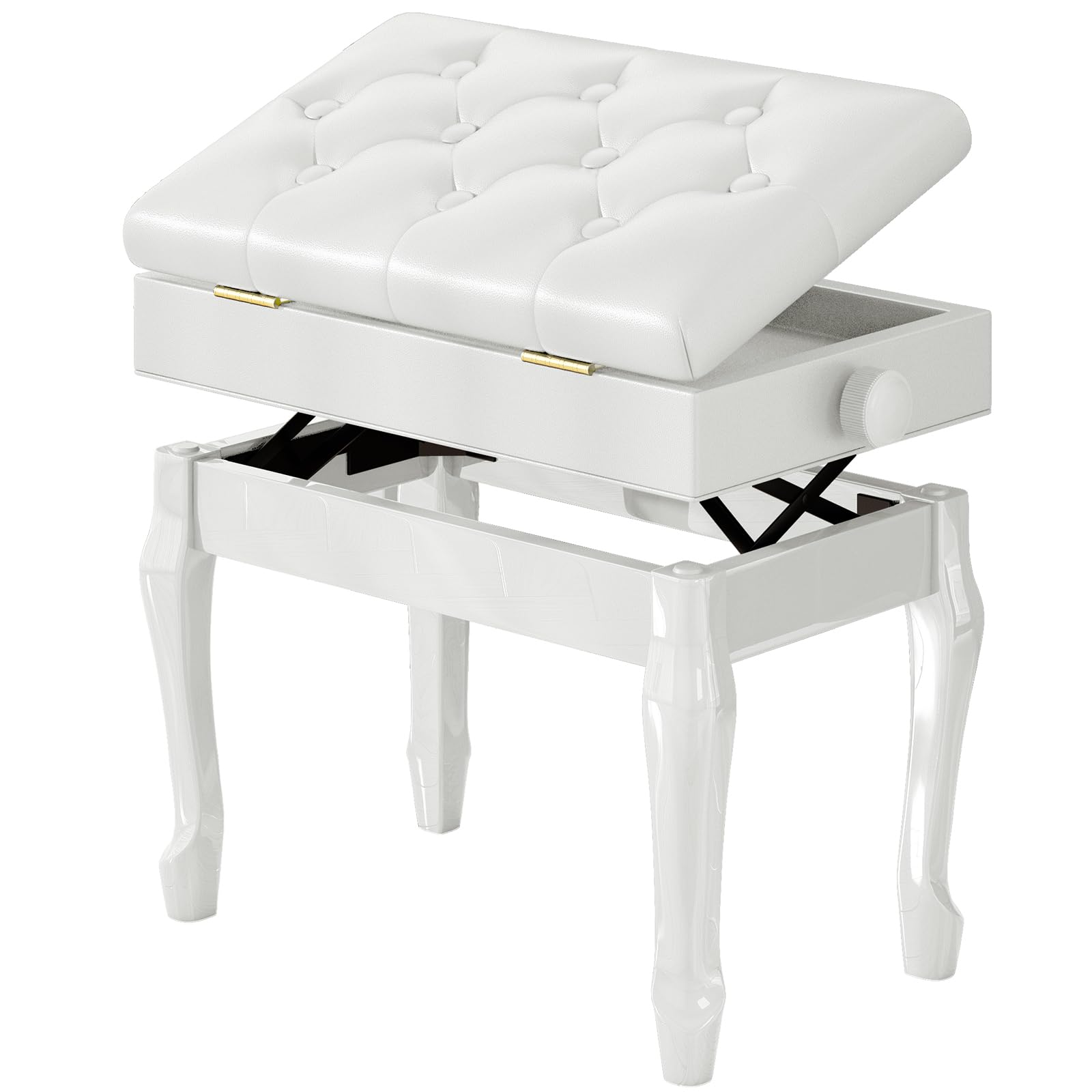 Banco para Piano,Banco para Piano de Cuero PU Engrosado con 10 Botones,Banco para Piano con Patas Curvas de Madera Maciza Ajustable en Altura,Banco para Piano con Compartimento Almacenamiento（Blanco）