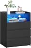 AOGLLATI Bedside Table with Charging Station,Bedside Cabinet with LED Lights |Visible Glass Top |3 Drawers and 1 Compartment |2 AC and 2 USB Ports Side Table for Living Room and Bedroom (1, Black)