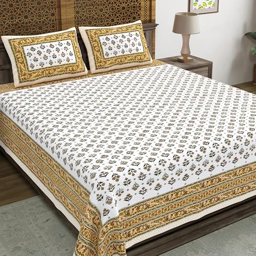Image of BLOCKS OF INDIA Hand Block Printed 200 TC Cotton King Size Bedsheet (Brown BUTI)