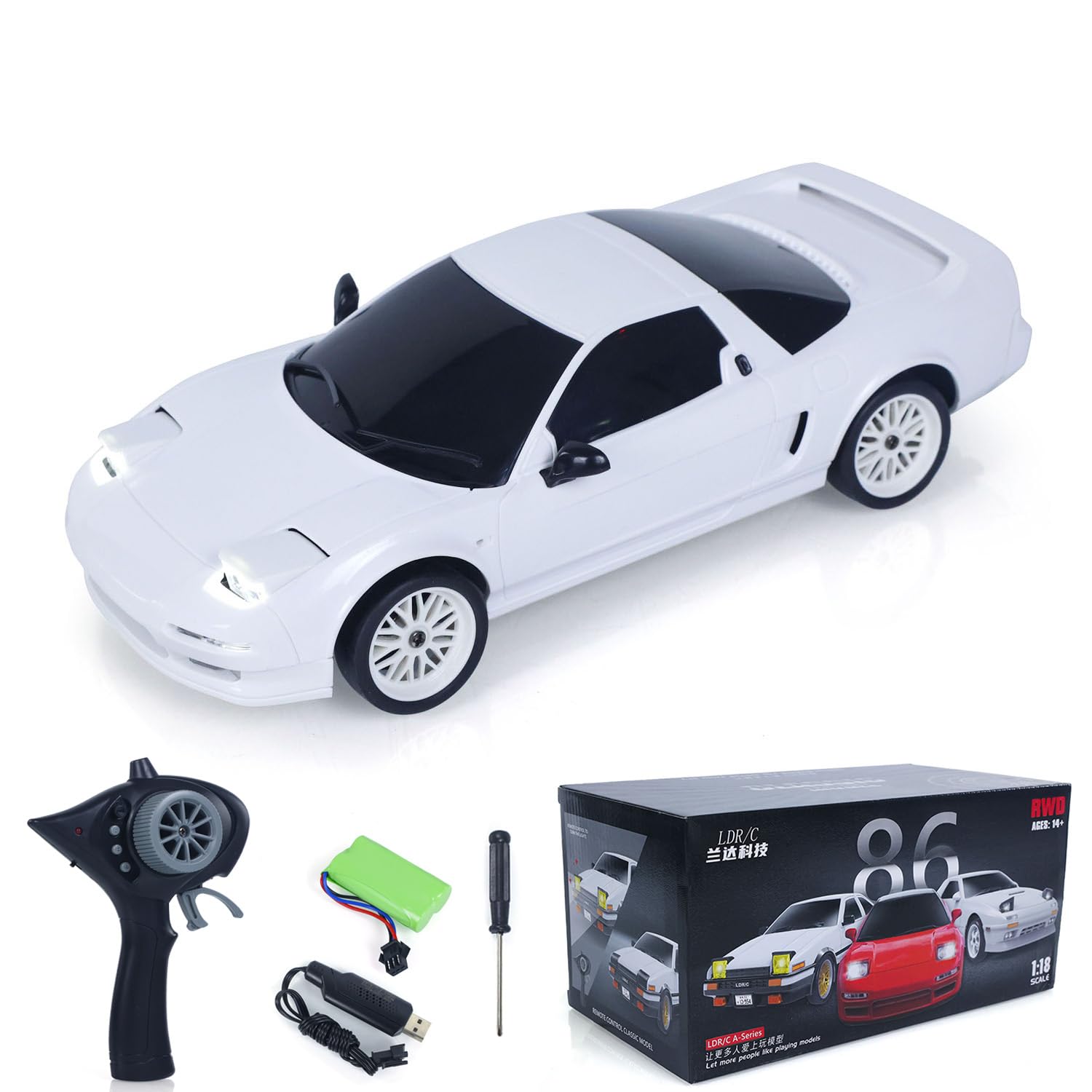 LDRC 1:18 2.4G Coche de deriva a control remoto LDA02 RTR 4 * 2 RWD Vehículos de carreras con luz abatible Motor de batería USB Carga Juguetes