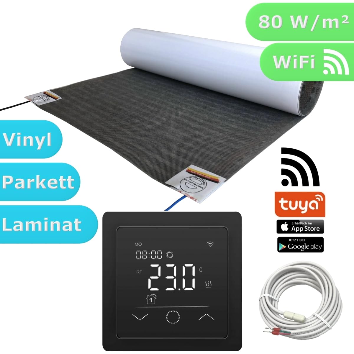 Elektryczne ogrzewanie podłogowe HoWaTech Lux folia do renowacji, laminatu, parkietu, winylu, kompletny zestaw, folia grzewcza 80 W/m², w zestawie termostat, WiFi Touch czarny, długość folii i