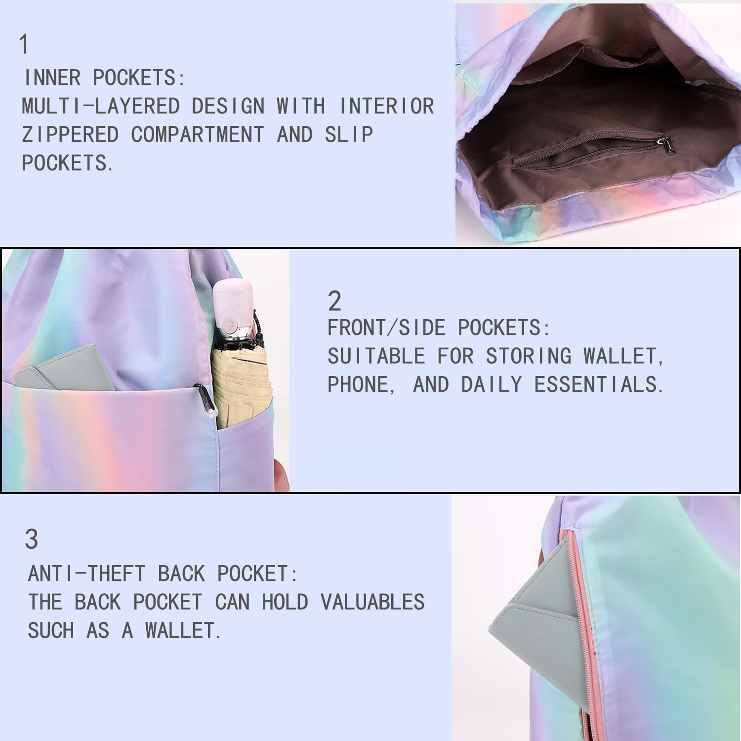 Sac à Dos Cordon Grand Imperméable ， Sac de Sport Femme/Homme Multifonction pour Piscine, Gym, Shopping, Voyage ， Sac à Dos Léger Pliable avec Poches Multiples ， 43x32x16cm