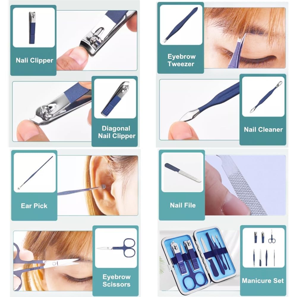 QURIPE Juego de manicura de 7 piezas, kit de cortaúñas, kit de manicura de acero inoxidable, herramientas de corte de uñas, kit portátil de aseo de viaje, el mejor regalo con estuche de lujo (azul)