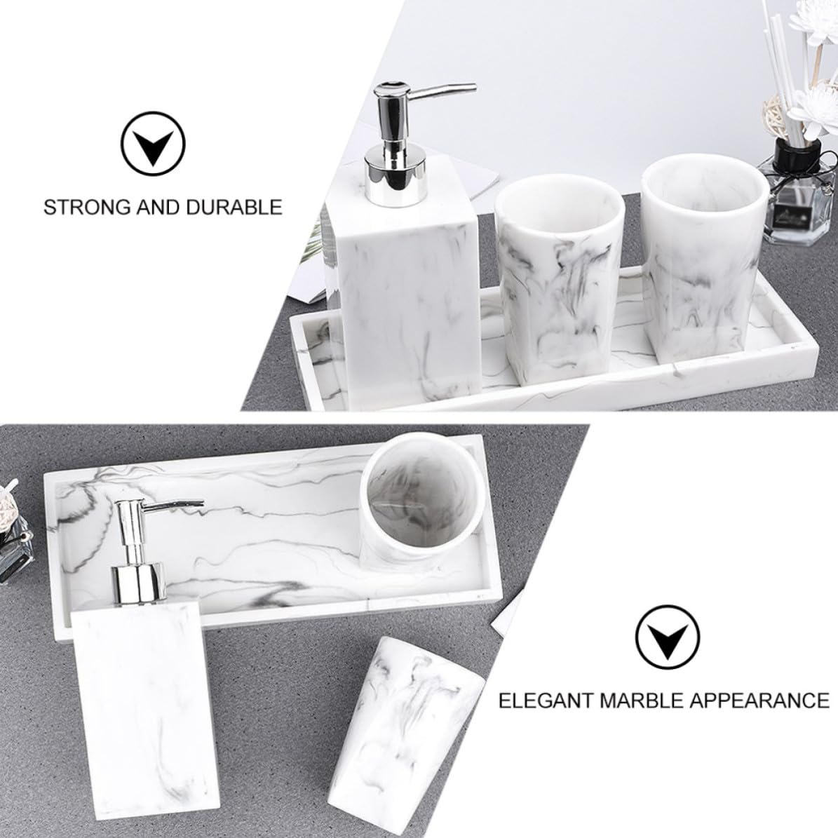 PLAFOPE Set accessori da bagno in resina effetto marmo con dispenser sapone e porta spazzolini, 1 set, adatto a colleghi e occasioni nuziali