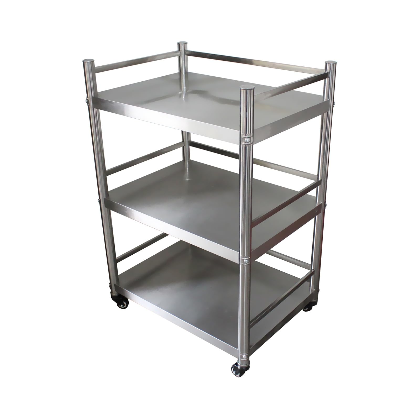 Scaffale da cucina a 3 ripiani in acciaio inox con ringhiera e ruote (70 x 45 x 100 cm)