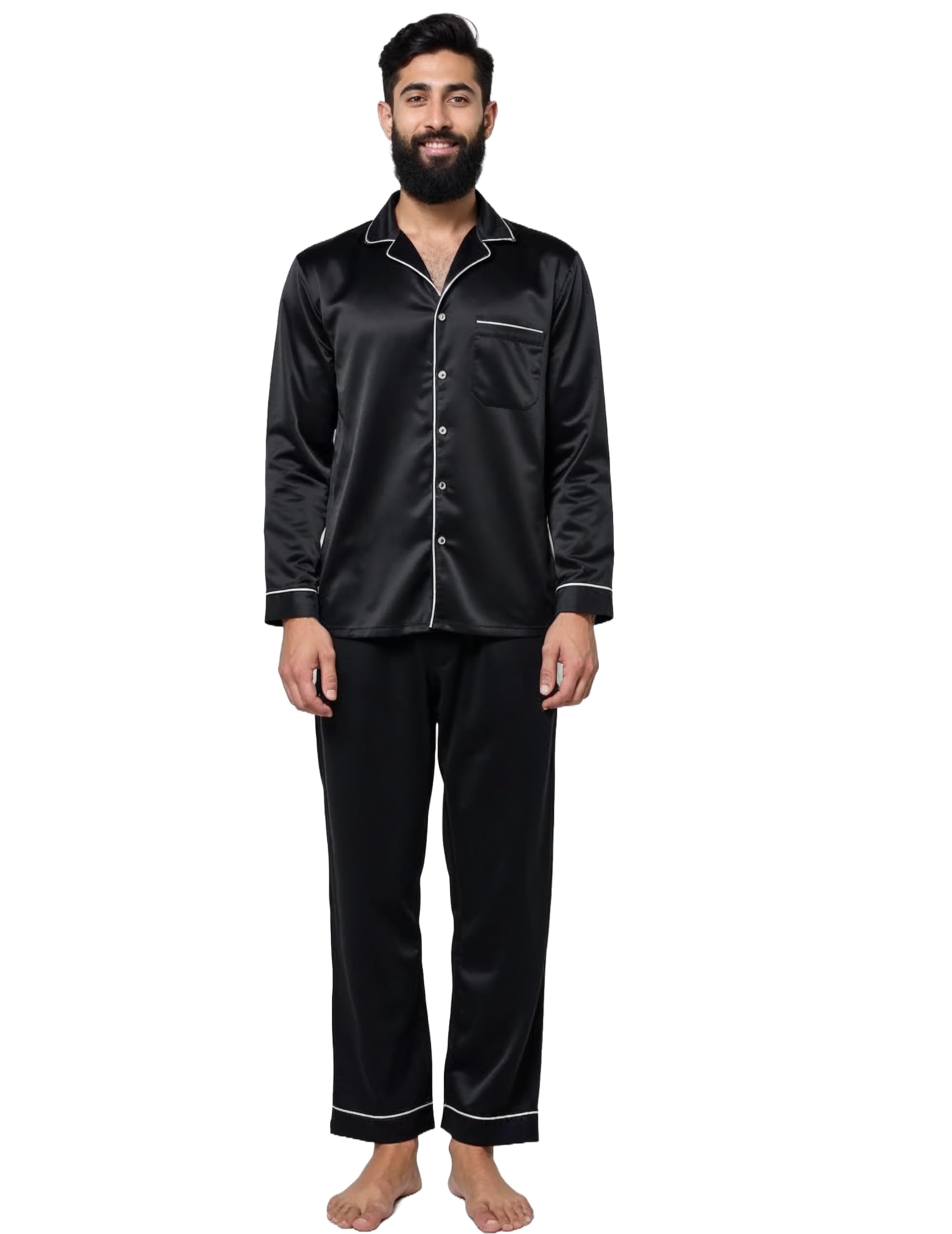 alldaysilk Men’s Black Silk Pajama Set | Contrast Piping, Button-Down Shirt & Relaxed Pants | Premium Loungewear & Sleepwear-picture-39