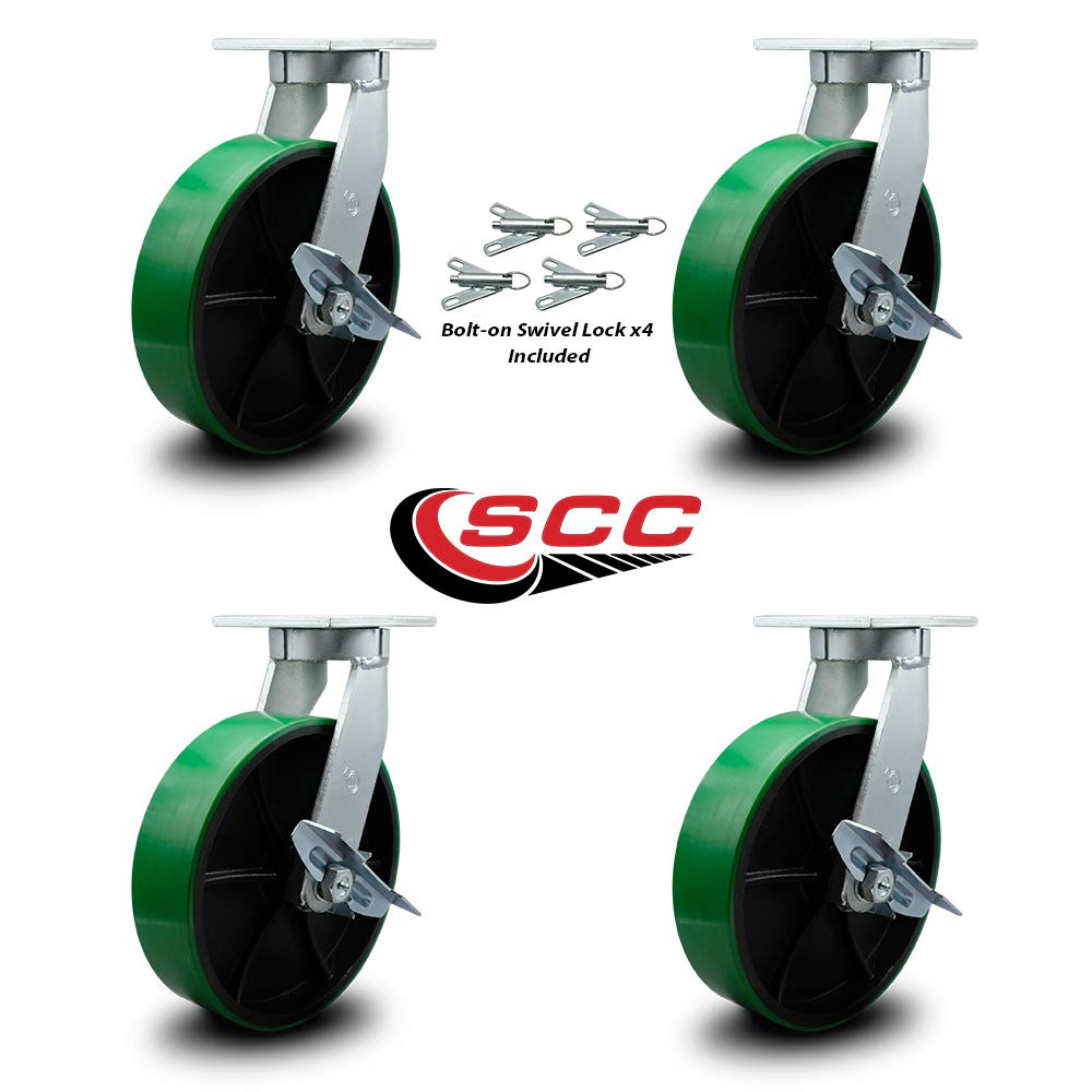 10 Inch Swivel Top Plate Caster Set Extra Heavy Duty Casters with Green Polyurethane on Cast Iron Wheels-Includes 4 Swivel with Top Lock Brakes and Bolt on Swivel Locks-Set of 4 - Service Caster Brand