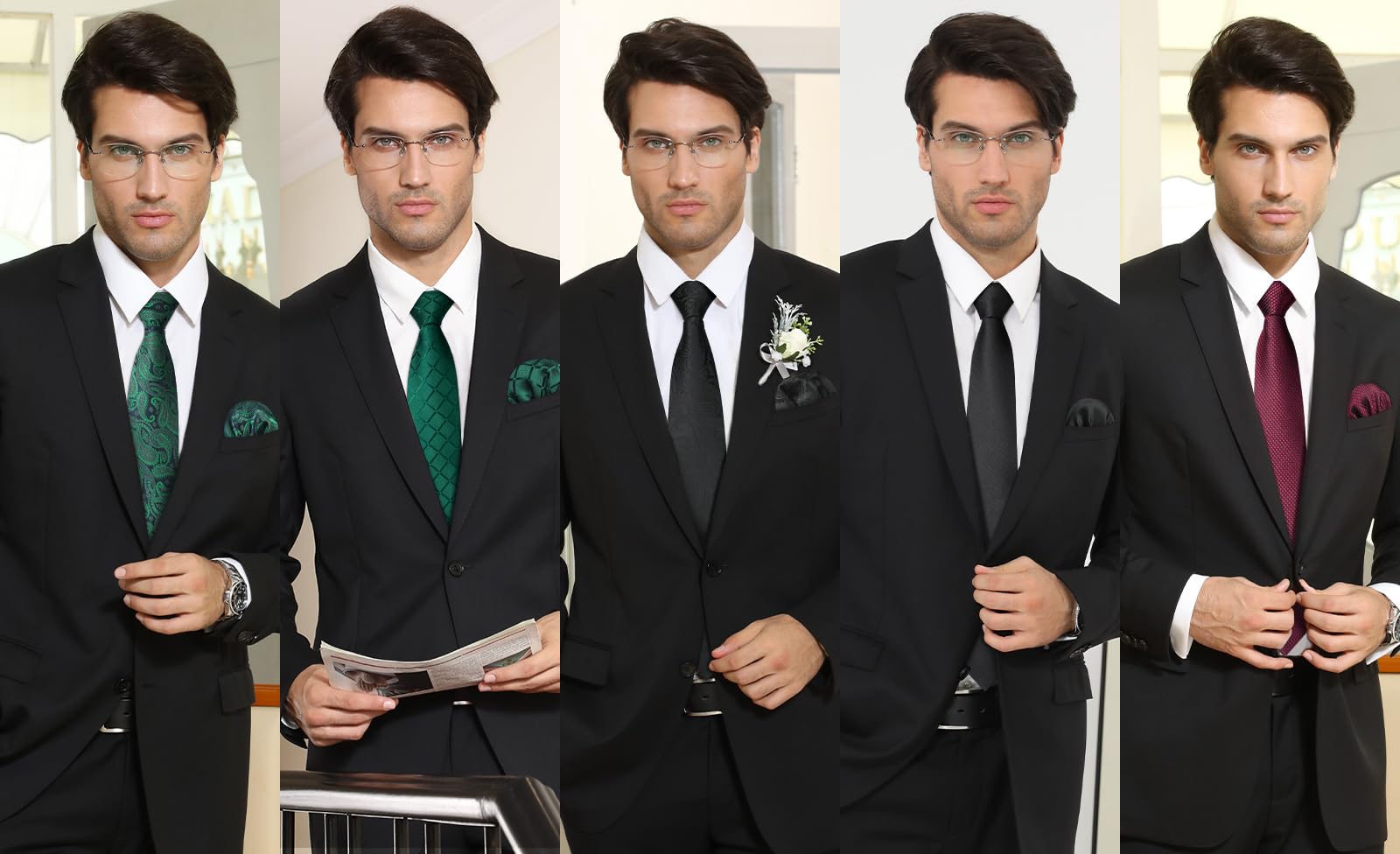 HISDERN Set 5 PCS Cravatta Uomo - Tinta Unita, Pois, Quadri, Righe - Fazzoletto Incluso - Per Festa e Matrimonio