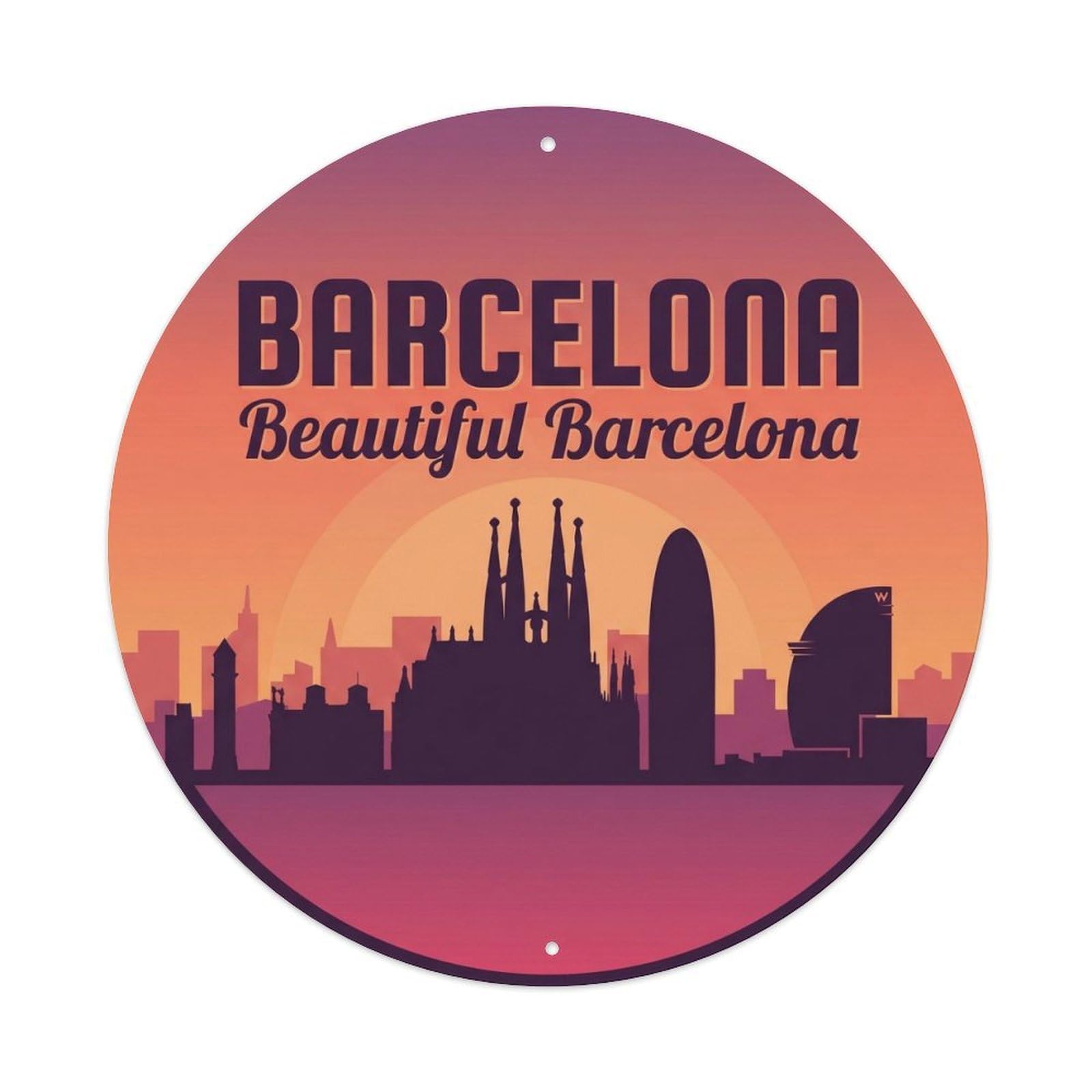 Vintage Travel Barcelona Skyline Cityscape Spain Metal Tin Sign Plaque Wall Decor for Cafe, Club, Garden Round Metal Poster 8x8Inch