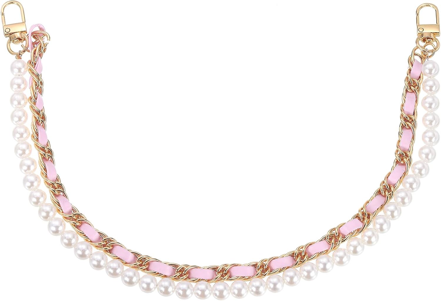 uxcell 17.7" Pearl Purse Double Chain, Metal Purse Extender Chain, PU Leather Double Handle Wrist Chain, Purse Handbag Strap Replacement Chain, (Pink, Gold Chain)