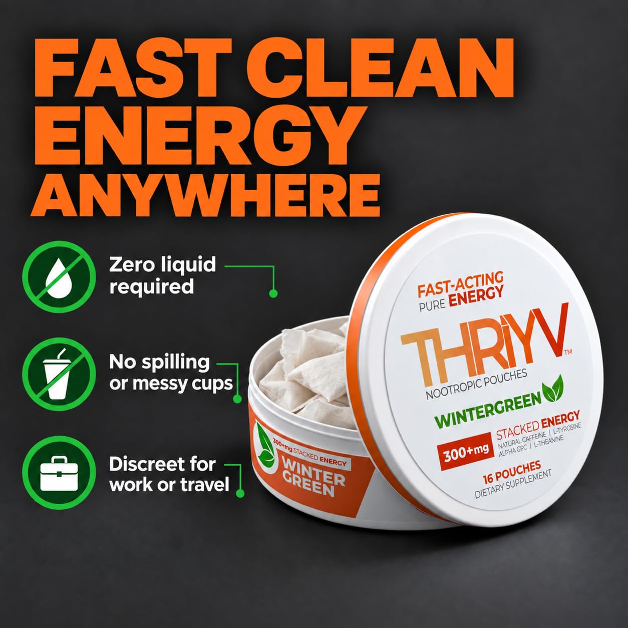 THRIYV Wintergreen Nootropic Energy Pouches, 50mg Caffeine, 16 Count — Amazon image 2