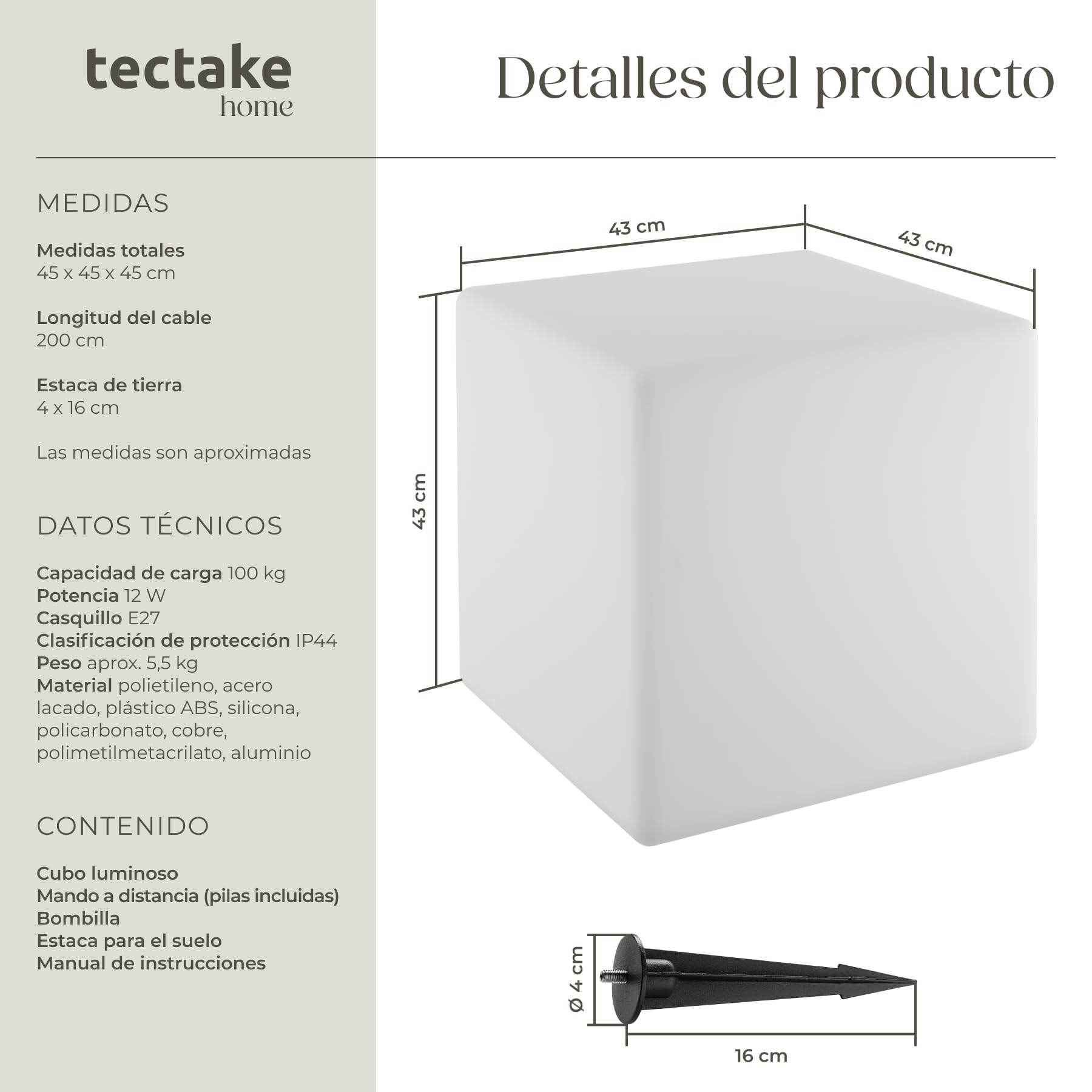 tectake® Cubo Led con Mando y Luz Nocturna 43 x 43 x 43 cm, Luces Led Habitacion para Decoracion Hogar y Jardin, Luces Terraza, Iluminación Jardin, Lampara Exterior, Decoración Habitación