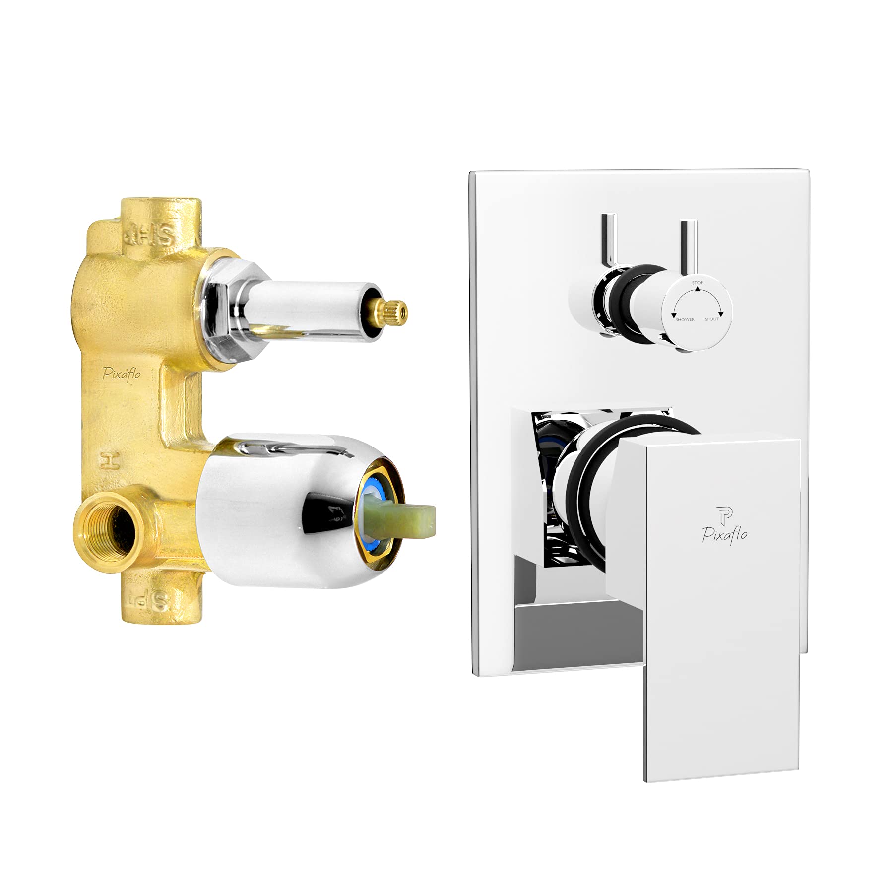 Pixaflo Brass Crux High Flow Single Lever 4 Way / 2 Inlet Diverter | Tic-Tac | Complete Set | Bathroom Shower System | Bathroom Mixer | Chrome Finish