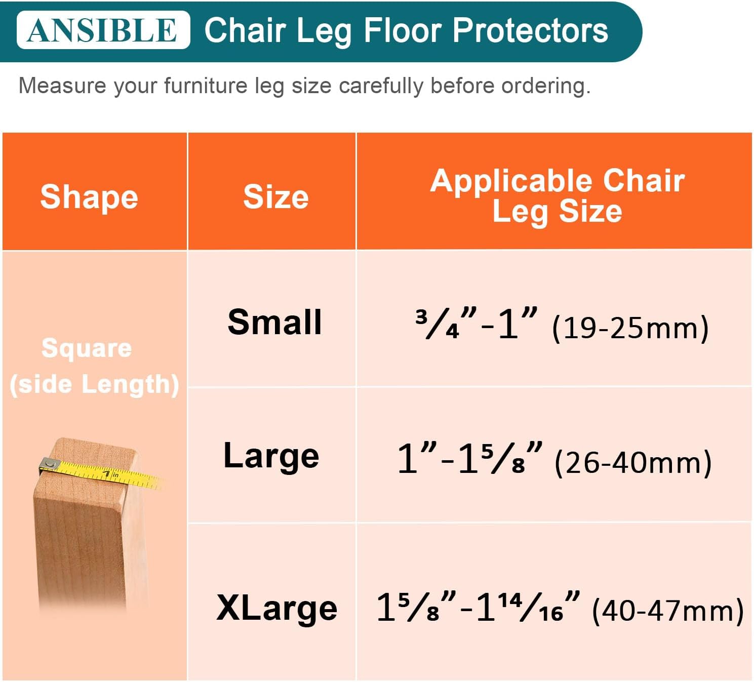 Ansible 24 pcs Square Large Chair Leg Floor Protectors, Furniture Felt Pads Silicone Covers caps for Chairs,Chair Leg Protectors for Hardwood Floors (Large fit:1'' to 1-5/8'')