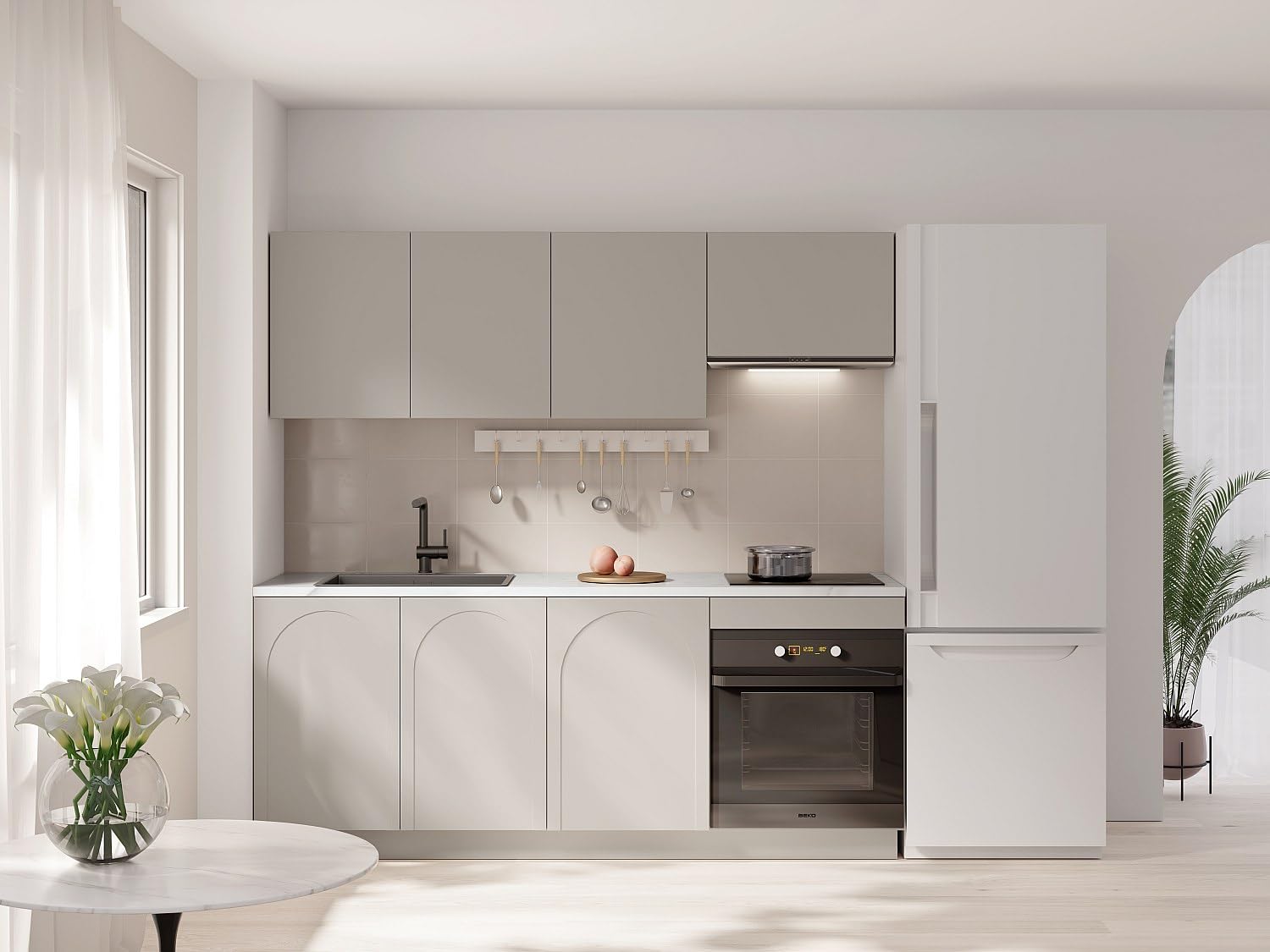Vente-unique - Cuisine compléte - avec Plan de Travail 200 cm - Beige et Effet marbre Blanc - NALYRA