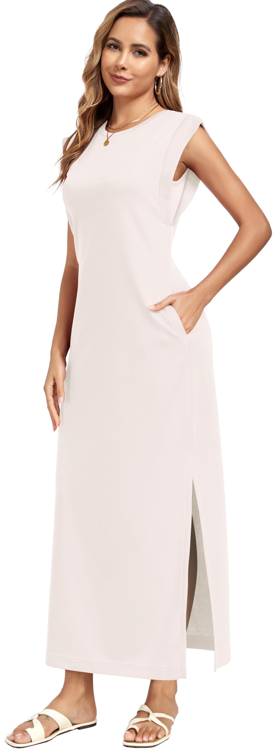 WUWUSKY Damen Maxikleid ärmellos mit Rundhals und Seitenschlitz – Elegantes lässiges Kleid mit Zwei Taschen