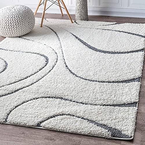 Image of Transitional Flames Shaggy Rectangular Carpet For Living Room,Bedroom,High Low Design Finish Microfiber 1.8 Inch Pile High,7X10 Feet White|Grey Color