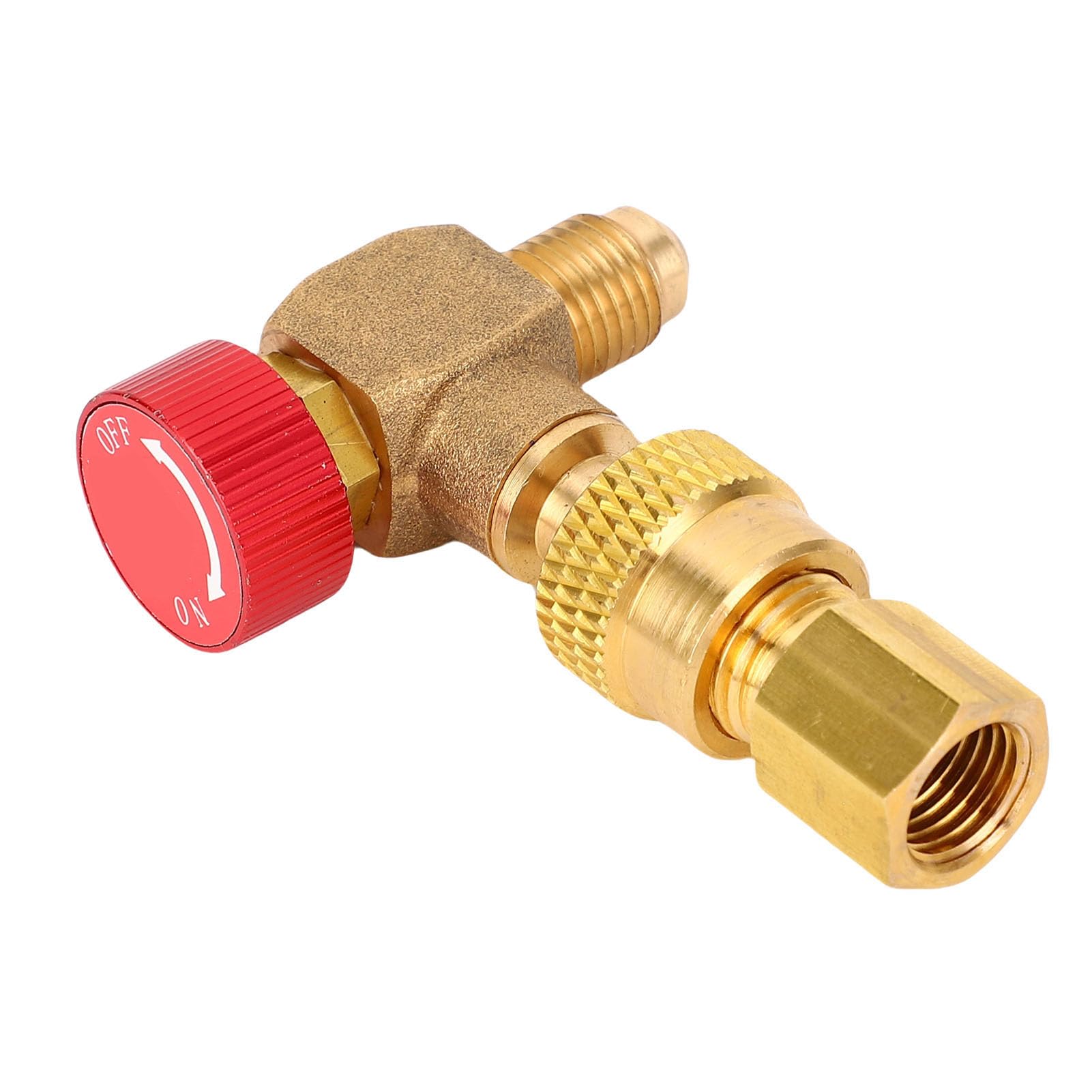 Valvola di Ricarica per Refrigerante R22 R410 R32, Valvola HVAC a 90 Gradi in Ottone, Pressione 55 Kg, Compatto 50mm con Connettore e Cappuccio Universale